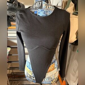 Black Long Sleeve High Cut Ribbed Top